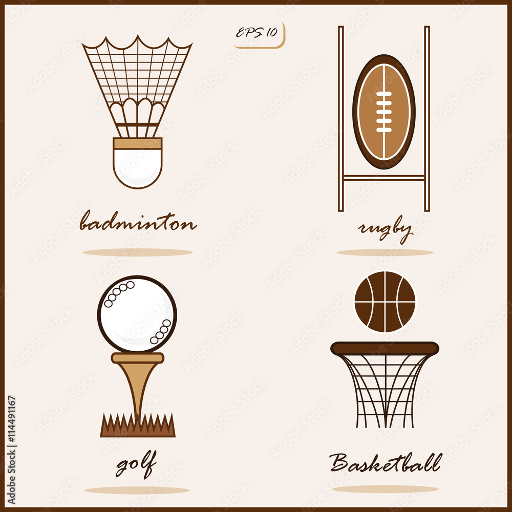 Set of a vector Illustration shows a Summer Sports. Badminton, Rugby, Golf, Basketball