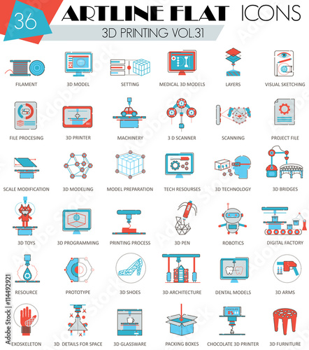 Vector 3D printing ultra modern outline artline flat line icons for web and apps.