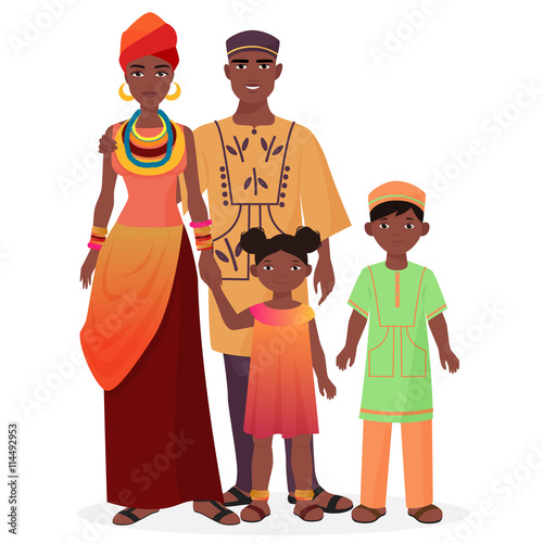 African family. African man and woman with boy and girl kids in traditional national clothes.