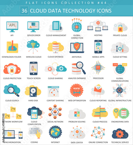 Vector Cloud data technology color flat icon set. Elegant style design.