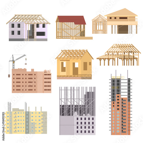 Vector flat Building under construction. Building house construction process icons set. Building with crane.