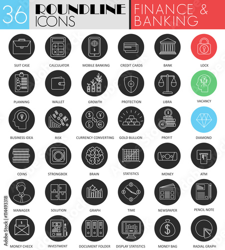 Vector finance banking circle white black icon set. Modern line black icon design for web.