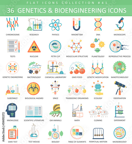 Vector Genetics and bioengineering flat icon set. Elegant style design.
