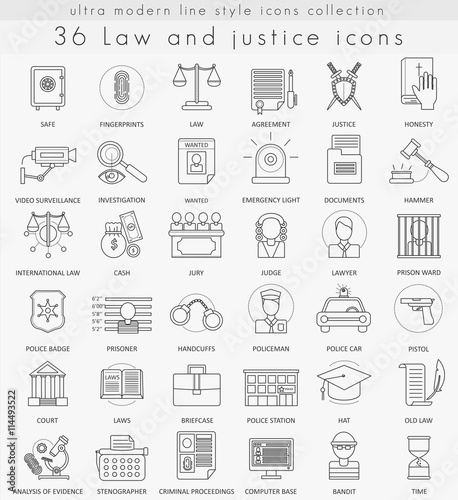 Vector Law and justice ultra modern outline line icons for web and apps.