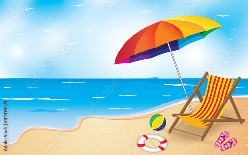 Beach and Umbrella with Chair. Summer Beach Background.