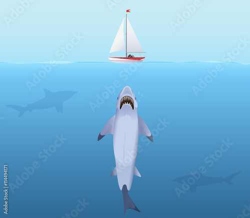 Hungry Shark with big jaw Attack yacht ship from the water.