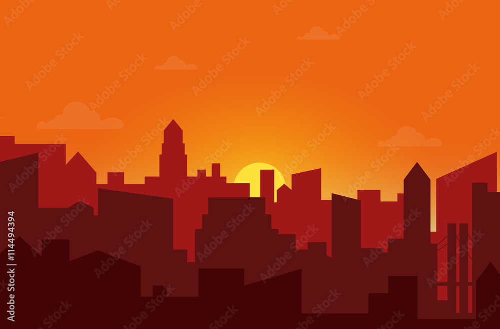 Sunset in the city. Cityscape silhouette sunrise vector illustration.