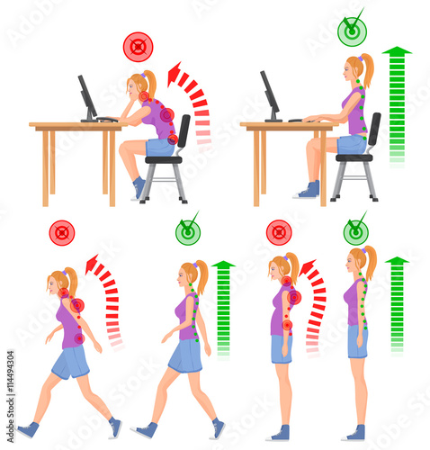 Correct and uncorrect bad sitting and walking position. Walking woman. Sitting woman. Back pain feeling and spinal injuries.
