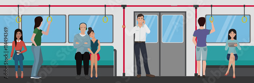 People inside a subway train. People metro transportation concept.