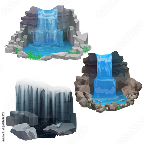 Tropical jungle waterfall set. Ice Frozen waterfall.