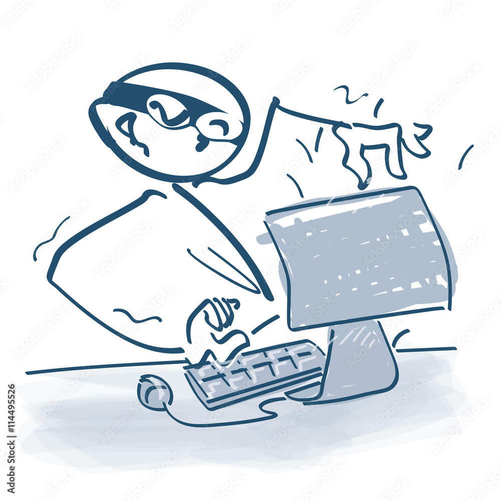 Strichmännchen als Hacker vor dem Computer Strichmännchen als Hacker vor dem Computer