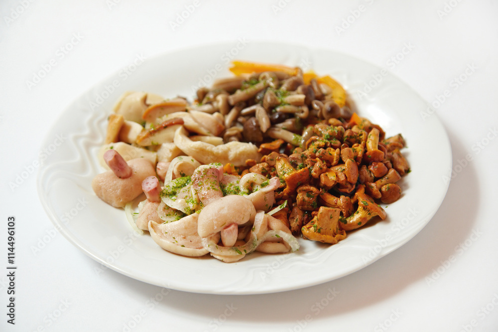 Salad of different kinds of mushrooms, close up isolated on white Salad of different kinds of mushrooms, close up isolated on white