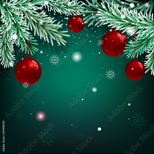 Christmas green background with fir branches and balls