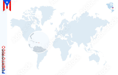 Blue world map with magnifying on Puerto Rico.