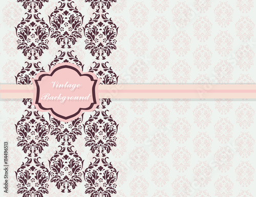 Vintage card with damask ornament pattern. Rose quartz color. Vector