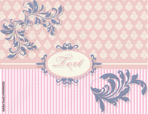 Vintage card with floral damask ornament pattern and stripes. Place for text. Rose quartz color. Vector