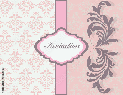 Vintage card with floral damask ornament pattern and stripes. Place for text. Rose quartz color. Vector