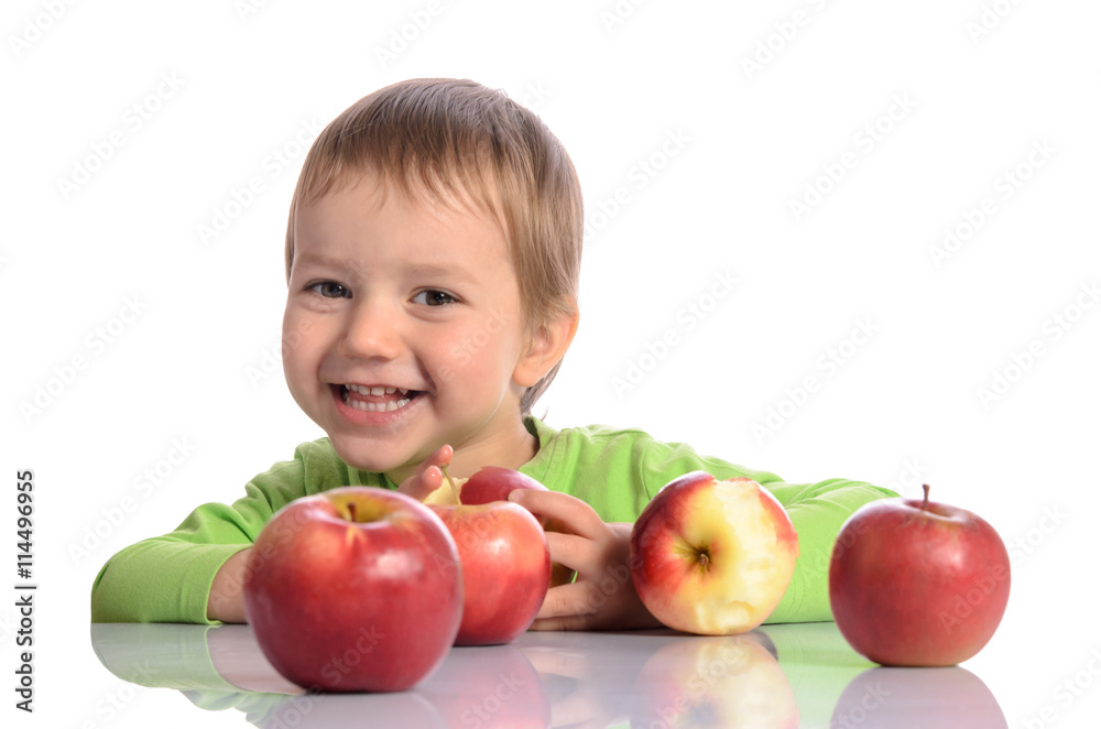 Cute child with red apples on white background Cute child with red apples on white background