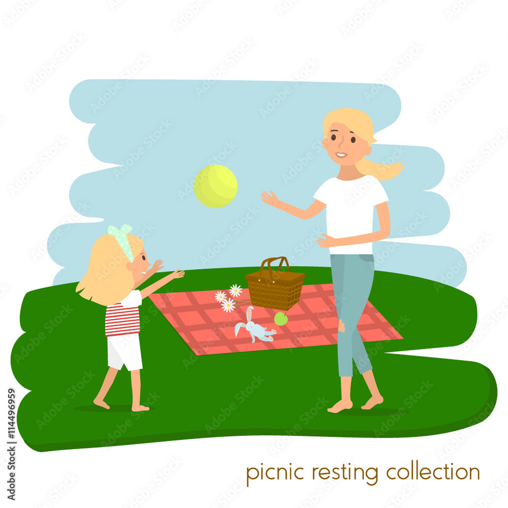 Family picnic resting. Mother with daughter on picnic. Summer vacation. Vector illustration Family picnic resting. Mother with daughter on picnic. Summer vacation. Vector illustration