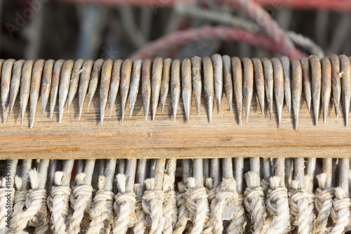 longline for cat fish.hooks on snoods secured in wood photo