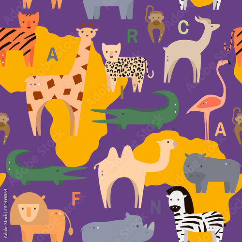 Seamless pattern with African animals in flat geometric style. Vector Illustration