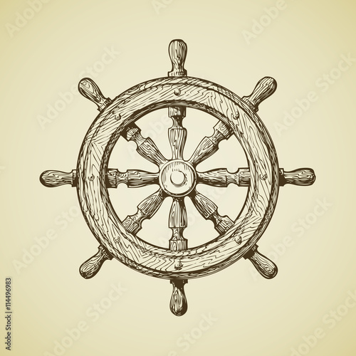 Hand-drawn vintage ships wheel in the old-fashioned style. Vector illustration