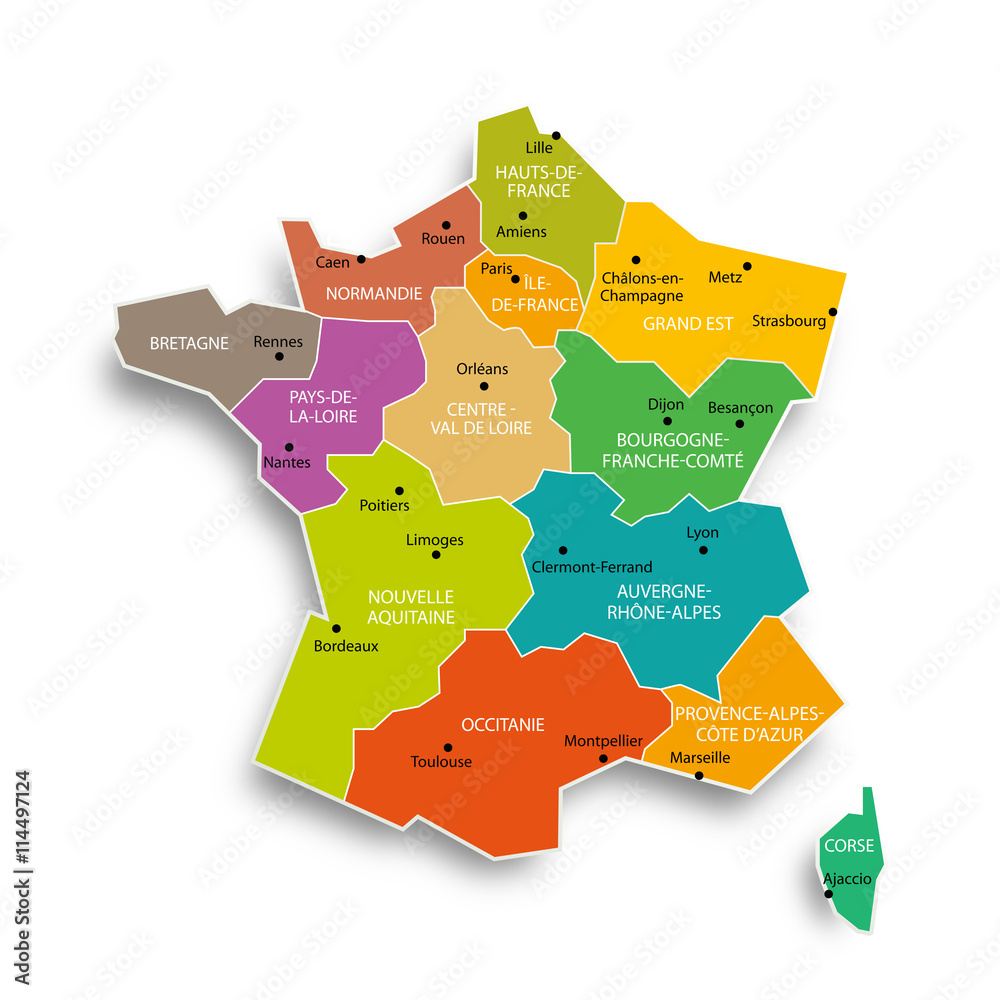 Vecteur Stock Carte de France 13 régions (nouveaux noms (2016) | Adobe Stock