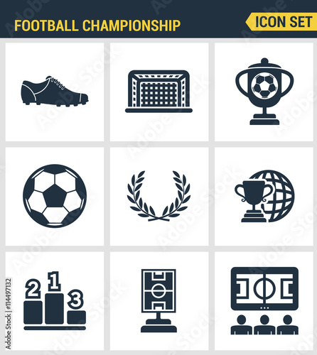 Icons set premium quality of football championship soccer game world cup. Modern pictogram collection flat design style symbol collection. Isolated white background.