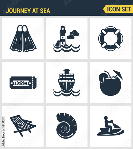 Icons set premium quality of journey at sea summer tropical vacation diving sea. Modern pictogram collection flat design style symbol collection. Isolated white background.