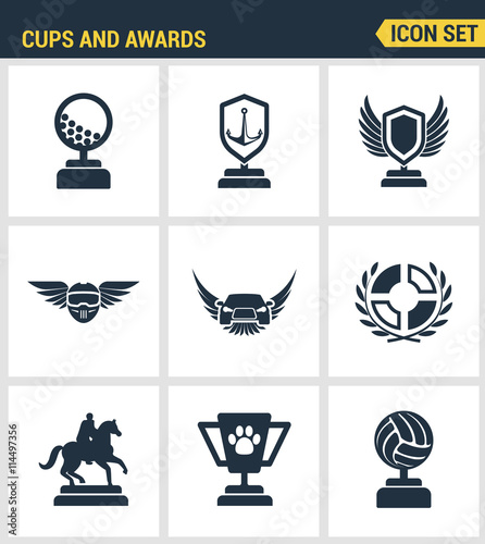 Icons set premium quality of cups and awards prize victory set award champ trophy. Modern pictogram collection flat design style symbol collection. Isolated white background.