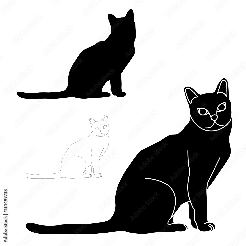 Cat sitting black silhouette vector illustration set