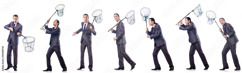 Colage of businessman with catching net on white Colage of businessman with catching net on white
