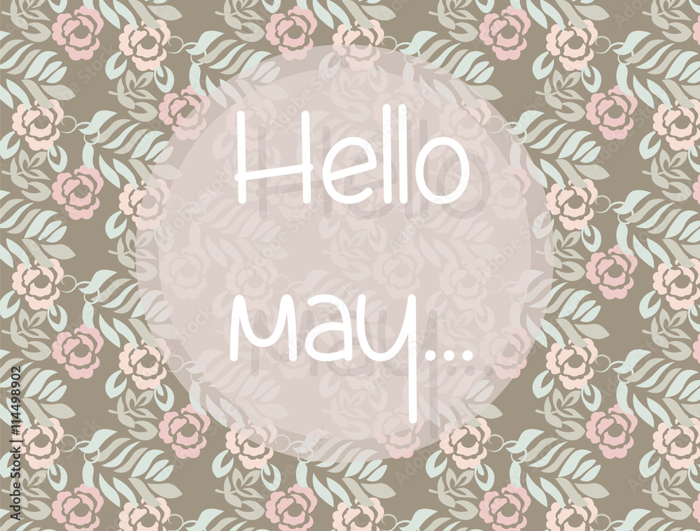 Hello Spring May card or invitation with flowers. Rose quartz pink color. Vector illustration Hello Spring May card or invitation with flowers. Rose quartz pink color. Vector illustration