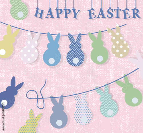 Happy Easter bunny rabbits handmade card. Vector textile handmade rabbits Cut...