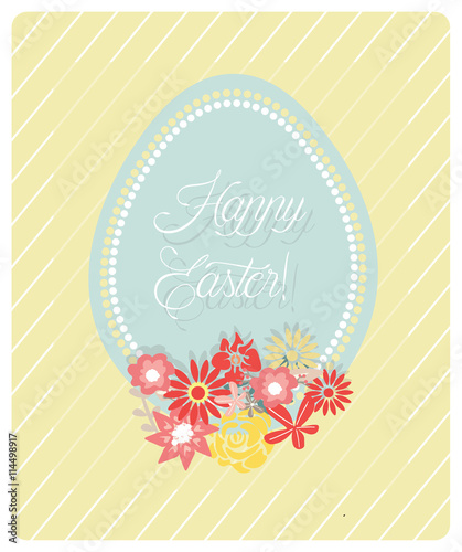 Cute Easter Egg and flowers card and hand written text Happy Easter. Vector i...
