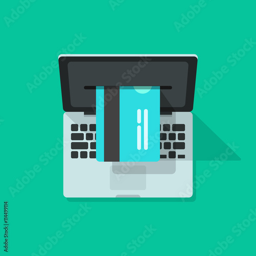 Laptop with credit card processing vector illustration isolated on green background, concept of internet online shopping, electronic payment, ecommerce technology