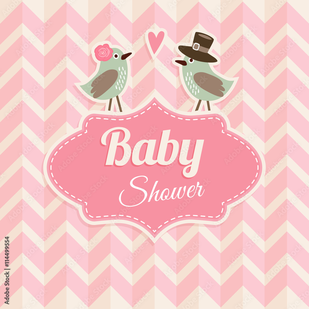Cute baby shower, birthday, wedding card, invitation with birds in love. Chevron pattern. Vintage  design, vector illustration