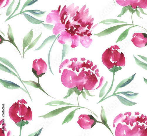 pink peony flower watercolor illustration. seamless white backgr
