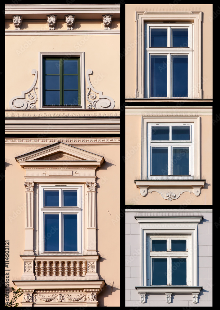 Collage set of old windows from Cracow, Poland with bird spikes protecting against pigeons.
