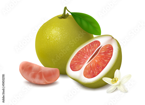 Green pomelo fruit with red pulp on white background