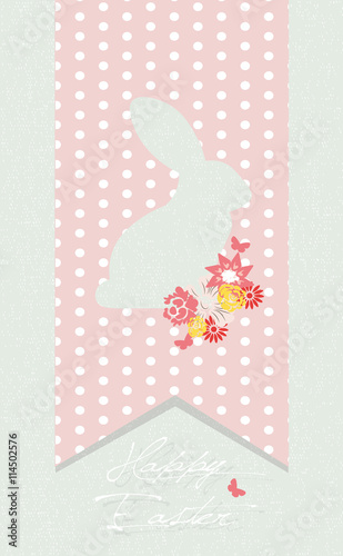 Happy Easter card Illustration with cute bunny rabbit cutout and flowers. Vector