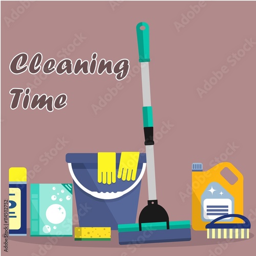 Cleaning time concept. Flat illustration. Vector cleaning products symbols. It can be used for the websites, banners, typographical products