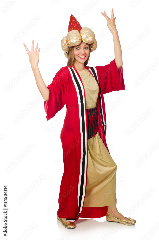 Woman wizard in red clothing isolated on white
