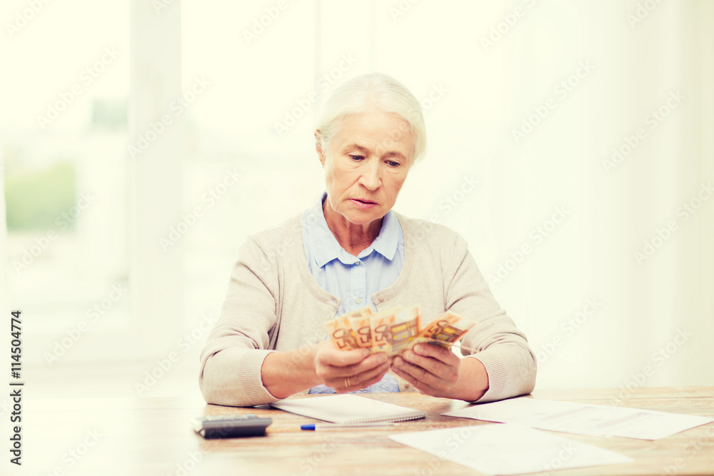 senior woman with money and papers at home senior woman with money and papers at home