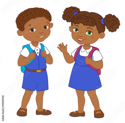 Boy and girl with backpacks pupil stay cartoon school isolated