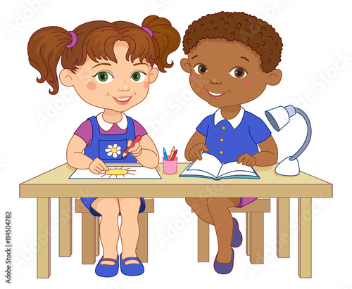 Funny pupils sit on desks read draw clay cartoon illustration