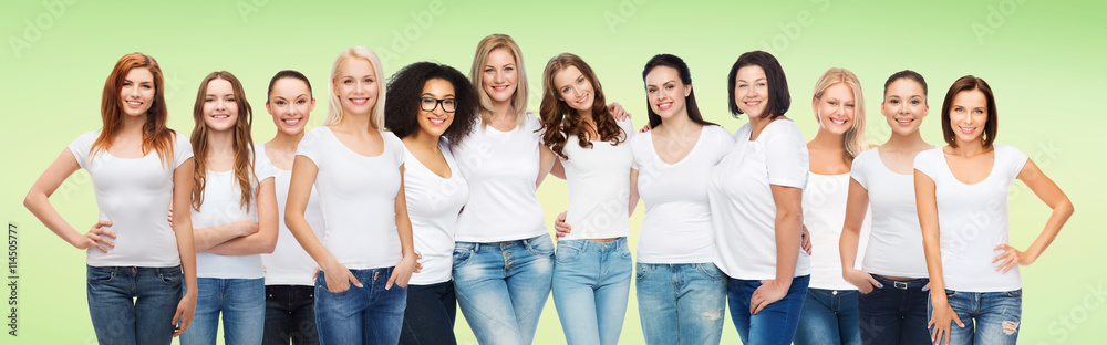 group of happy different women in white t-shirts group of happy different women in white t-shirts