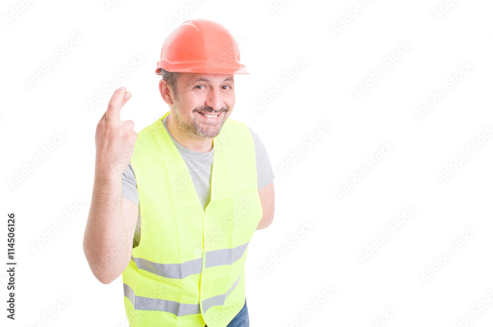 Constructor holding fingers crossed hoping for something good Constructor holding fingers crossed hoping for something good