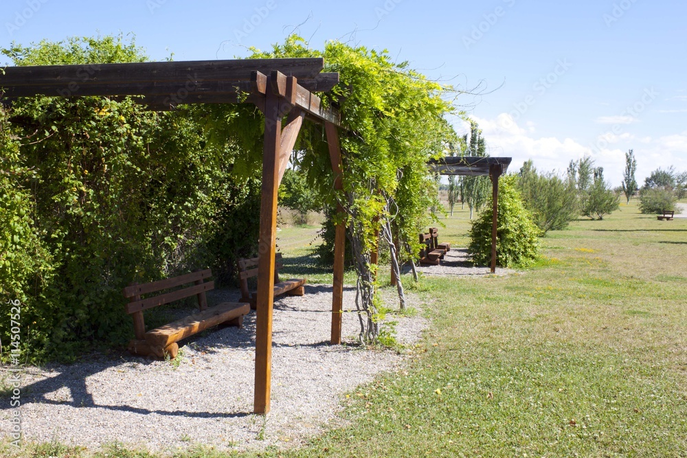 wooden benches under a wooden porch in a park in spring wooden benches under a wooden porch in a park in spring
