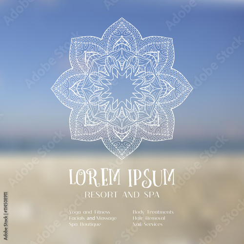 Hand drawn mandala design element on blurred sky. Beautiful floral background for resort and spa with place for text and menu. Abstract backdrop, card, invitation, brochure design. Vector illustration